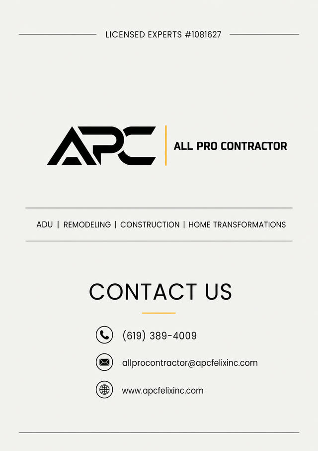 All Pro Contractor contact information, construction services, and California license details