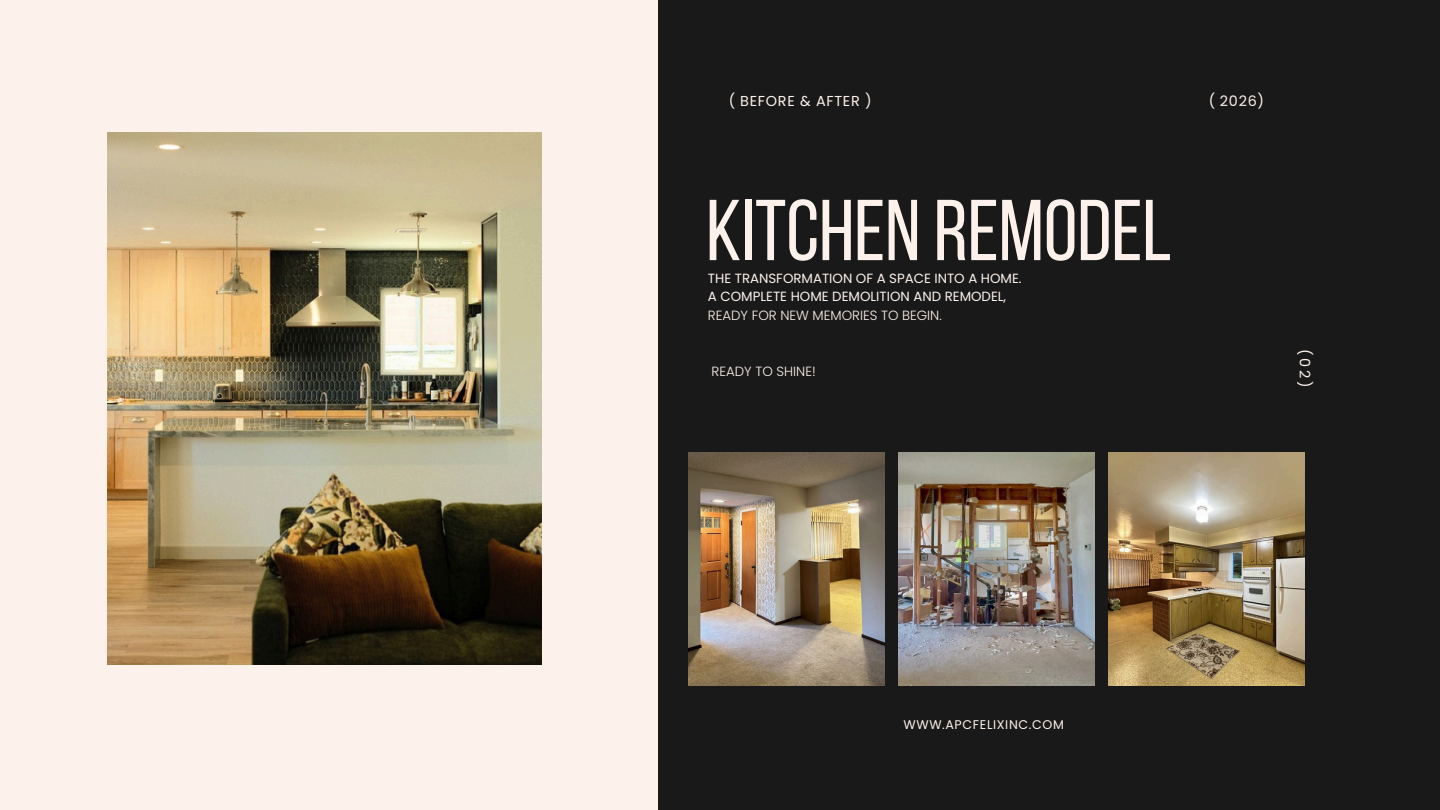APC Felix kitchen remodel portfolio page with before, demolition, and completed kitchen photographs