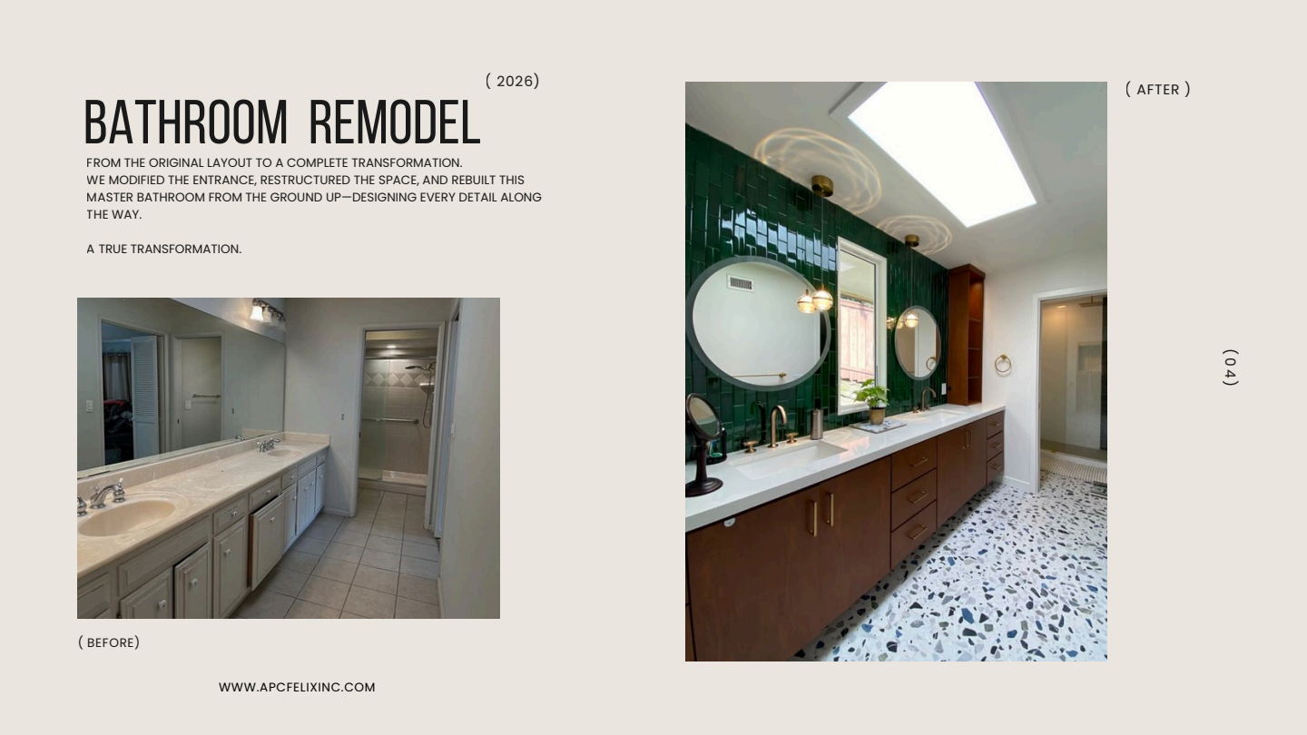 All Pro Contractor primary bathroom remodel portfolio page showing the original room and completed green-tile double vanity