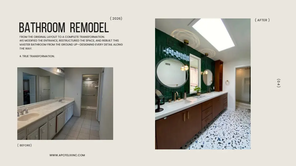 All Pro Contractor primary bathroom remodel portfolio page showing the original room and completed green-tile double vanity