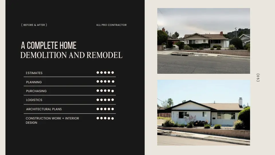 All Pro Contractor whole-home demolition and remodel portfolio page with exterior before-and-after photography