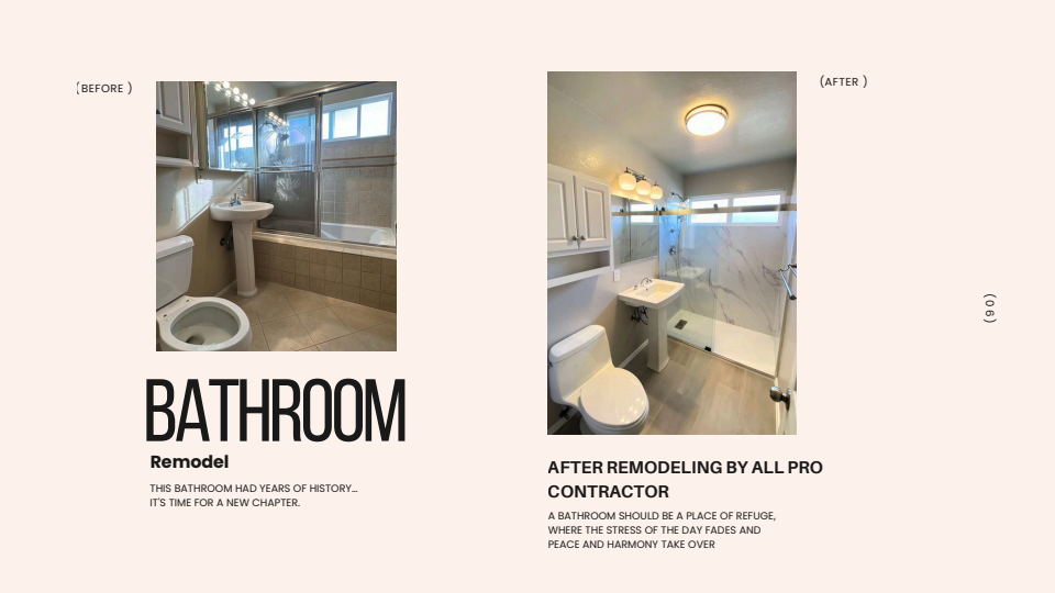 Bathroom remodel showing the original bathroom and completed modern renovation