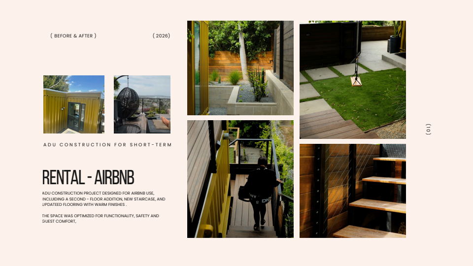 ADU construction with stairs, outdoor spaces, and finishes designed for short-term rental use